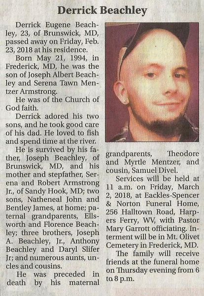 File:Derrick Eugene Beachley Obituary, The Frederick News Post, Vol 135, No 137, February 28, 2018.jpg