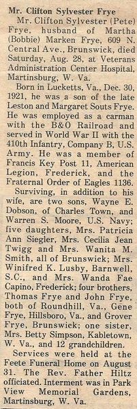 File:Clifton Sylvester (Pete) Frye Obituary, The Brunswick Citizen, Vol 3, No 35, September 2, 1976.jpg