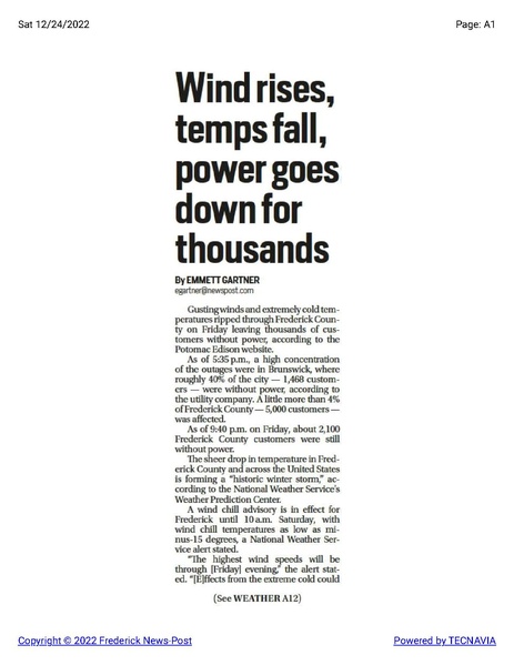 File:Cold weather and power outage before Christmas 2022, The Frederick News-Post, December 24, 2022.pdf