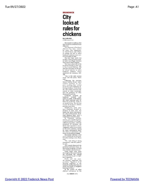 File:City Council considers how to regulate backyard chickens, The Frederick News-Post, September 27, 2022.pdf