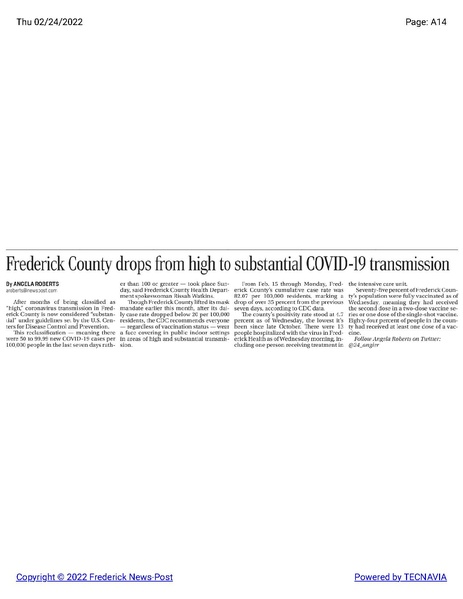 File:Covid-19 transmission drops in Frederick Country, The Frederick News-Post, February 24, 2022.pdf