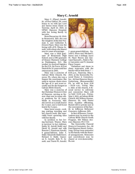 File:Mary C. Arnold obituary, FrederickNewsPost, 2025.04.28.pdf