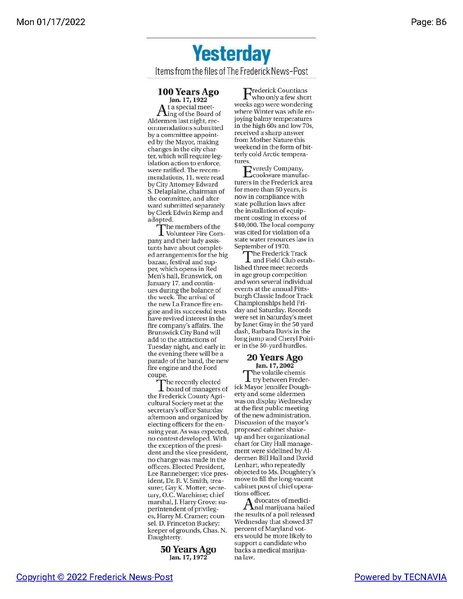 File:Brunswick Volunteer Fire Company gets a new fire truck and throws a festival, The Frederick News-Post historical reprint, January 17, 1922.pdf