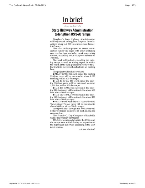 File:State Highway Administration to lengthen US 340 ramps, FrederickNewsPost, 2025.09.24.pdf