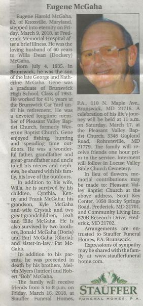 File:Eugene Harold McGaha Obituary March 9, 2018 from Frederick News Post, Vol 135, No 150, March 13, 2018.jpg