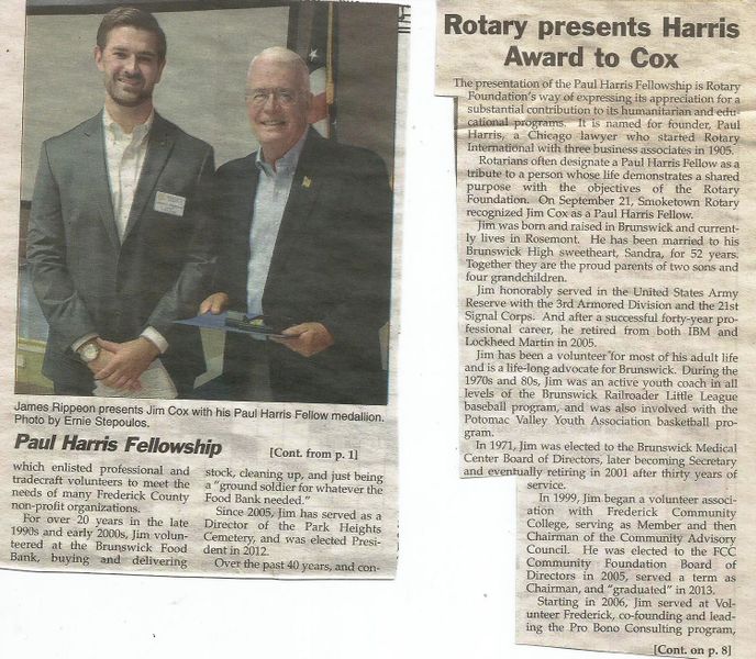 File:Smoketown Rotary Club 2018 Paul Harris Award to Jim Cox from The Brunswick Citizen, Vol 45, No 38, September 27, 2018.jpg