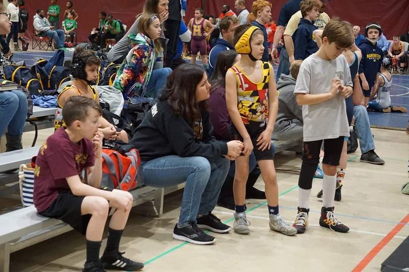File:Wrestling 2019 Evan Mullen, Christian Veltran, Christina Stoner (mom), Colt Andrew (son), Colby Moore (left to right), January 27, 2019.jpg