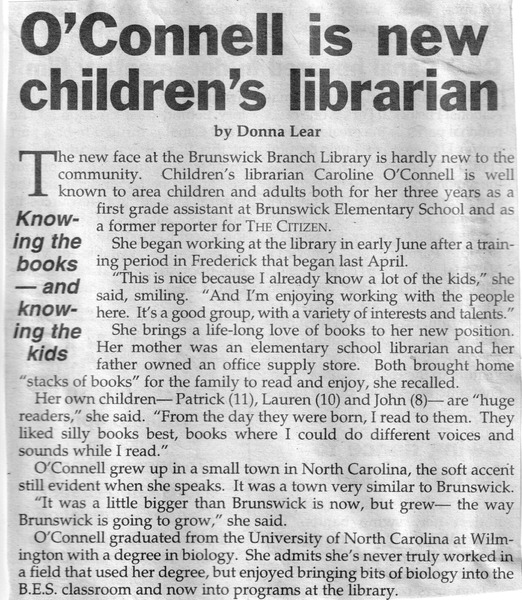 File:Library 2004, Caroline O'Connell Children's Librarian from The Brunswick Citizen, July 8, 2004 (1).tif