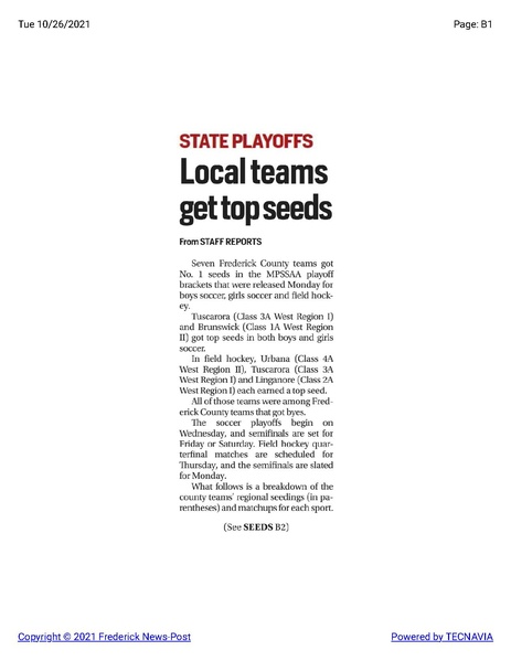 File:Soccer Brunswick boys and girls teams earn No. 1 seeds in state playoffs, The Frederick News Post, October 26, 2021.pdf