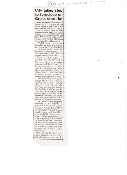 File:Gross-Store, City to forclose on Gross lot from The Brunswick Citizen, March 6, 2003.png