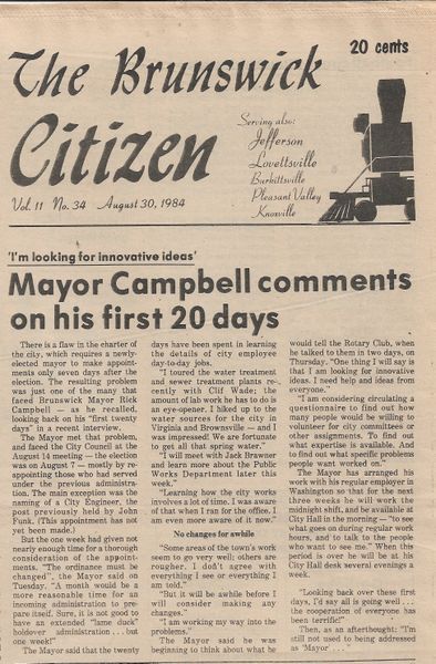 File:Mayor Rick Campbell First 20 Days from The Brunswick Citizen, Vol 11, No 34, August 30, 1984 .jpg