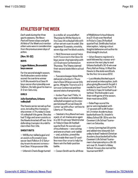File:Soccer Logan Malone recognized as Athlete of the Week, The Frederick News-Post, November 23, 2022.pdf