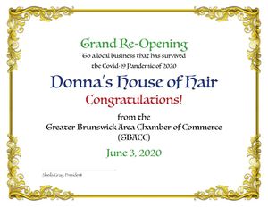 Pandemic 2020 Donna's House of Hair Reopening Certificate.jpg
