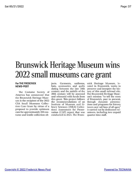 File:Brunswick Heritage Museum wins 2022 small museums care grant, The Frederick News-Post, May 21, 2022.pdf