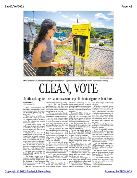 File:Maya Zambrano-Lee and Machelle Lee get innovative in cleaning up litter, The Frederick News-Post, July 16, 2022.pdf