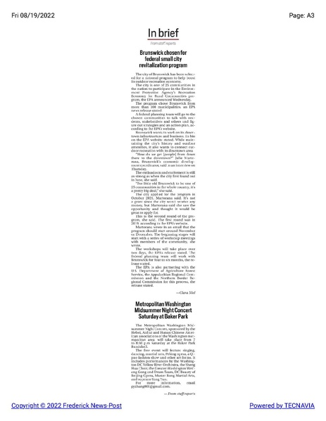 File:Brunswick selected for EPA Recreation Economy for Rural Communities program, The Frederick News-Post, August 19, 2022.pdf