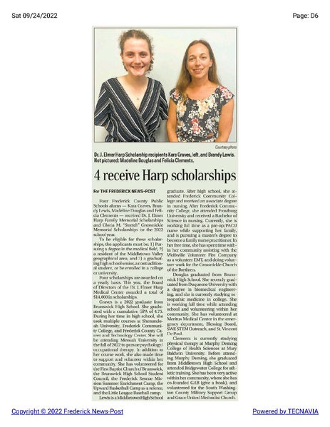 File:Kara Graves and Madeline Douglas receive Harp scholarships, The Frederick News-Post, September 24, 2022.pdf