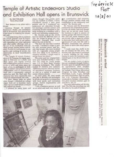 File:Temple of Artistic Endeavors, 27 West Potomac Street opens from The Frederick News Post, October 2, 2001.jpg