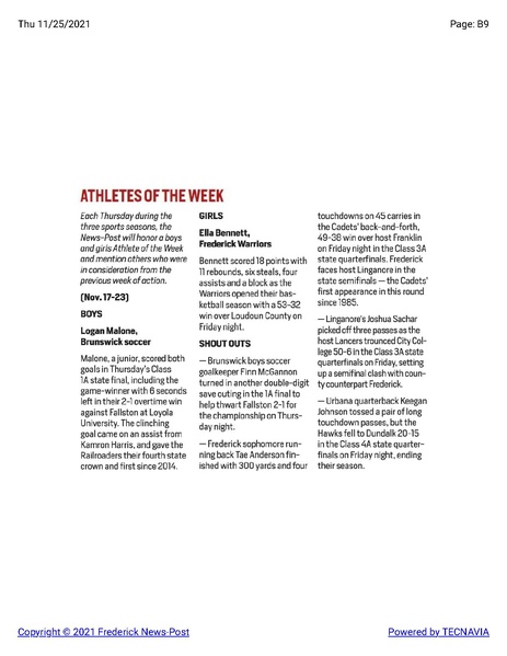 File:Soccer Logan Malone named Athlete of the Week, Finn McGannon runner-up, The Frederick News Post, November 25, 2021.pdf