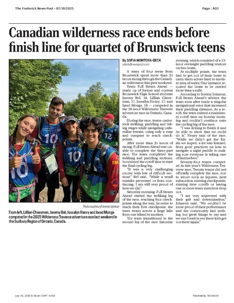 File:Canadian wilderness race ends before finish line for quartet of Brunswick teens, FrederickNewsPost, 2025.07.30.pdf
