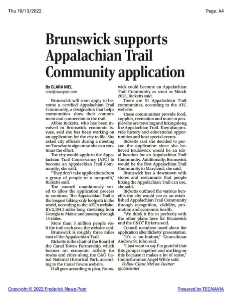 File:City plans to apply to be an Appalachian Trail Community, The Frederick News-Post, October 13, 2022.pdf