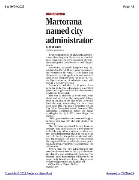 File:Julie Martorana chosen as new city administrator, The Frederick News-Post, October 29, 2022.pdf
