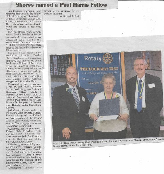 File:Smoketown Rotary Club 2019 Shirley Shorea Paul Harris from The Brunswick Citizen, September 26, 2019.jpg