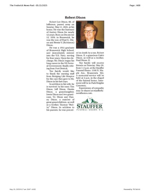 Robert Dixon obituary, FrederickNewsPost, 2025.05.15.pdf