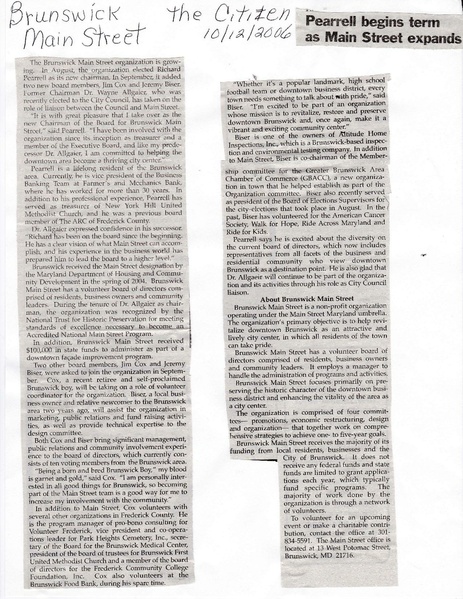 File:Main Street 2006, Richard Pearrell begins new term from The Brunswick Citizen, October 12, 2006.pdf