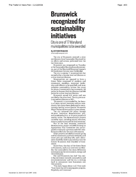File:Brunswick recognized for sustainability initiatives, FrederickNewsPost, 2024.11.12.pdf