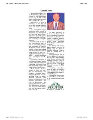 Gerald Karn obituary, FrederickNewsPost, 2025.08.12.pdf