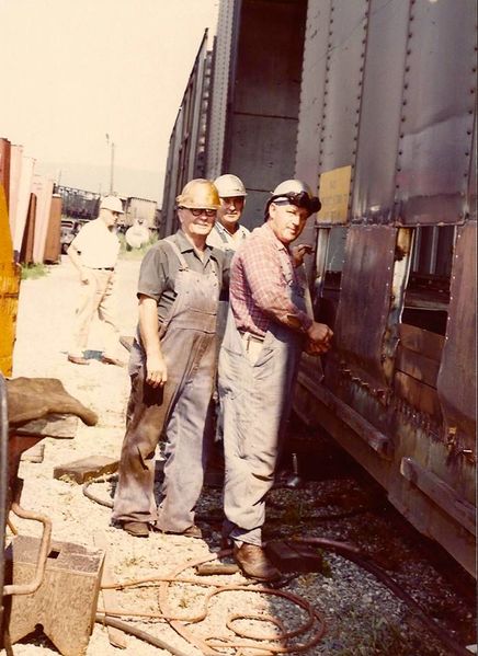 File:George (Junior) Karn in front, Harry Wood in the yellow hard hat, Wes McCutcheon in the rear..jpg