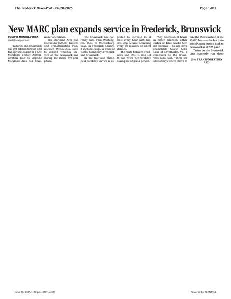 File:New MARC plan expands service in Frederick, BrunswickFrederickNewsPost, 2025.06.28.pdf