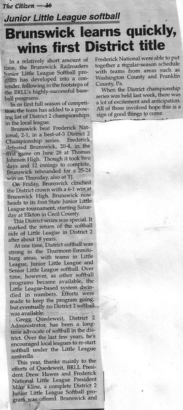 File:Little League Softball 2016, Railroaders Junior, District Title from the Brunswick Citizen, November 7, 2016.jpg