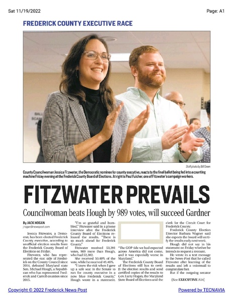 File:Michael Hough loses County Executive race by 989 votes in initial count, The Frederick News-Post, November 19, 2022.pdf