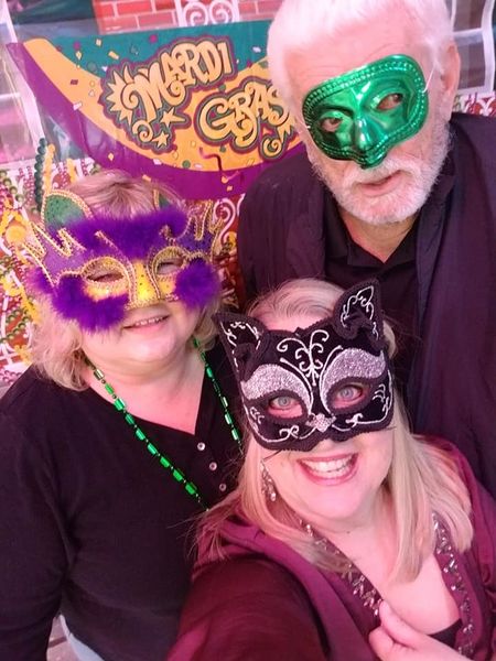 File:American Legion 2019 Mardi Gras benefit,. Cat woman is Kim Rogowsky, Bob Dozier is Green Hornet and Andrea Anderson as The Joker, February 23, 2019.jpg