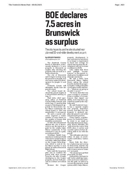 File:BOE declares 7.5 acres in Brunswick as surplus, FrederickNewsPost, 2025.09.05.pdf
