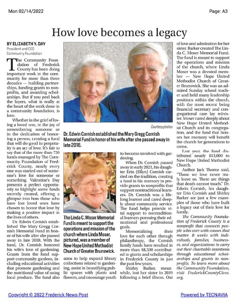 File:New Hope United Methodist Church Linda C. Moser Memorial Fund activities 2019-2021, The Frederick News-Post, February 14, 2022.pdf