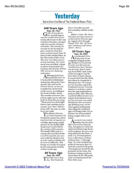 File:Bridge damaged on Beall's Mill Road connecting Brunswick and Harper's Ferry, The Frederick News-Post historical reprint, September 29, 1922.pdf