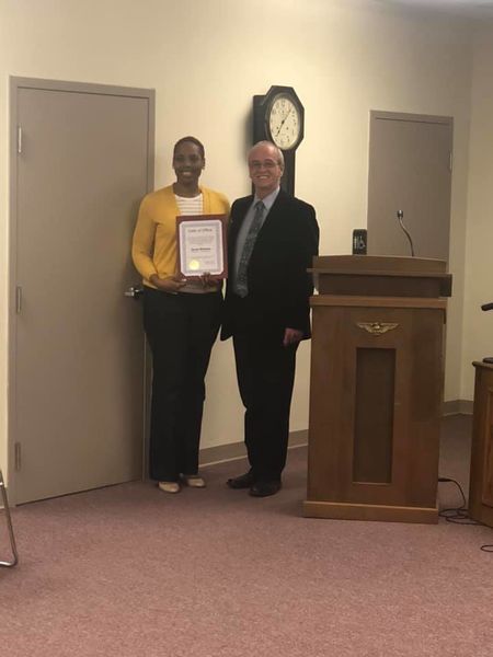 File:Syree Williams who was sworn in as a Citizen Representative of the Finance Committee, March 26, 2019 here with Mayor Snoots.jpg