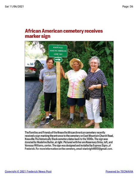 File:Knoxville African American cemetary receives marker sign, The Frederick News Post, November 6, 2021.pdf