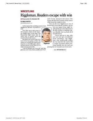 Riggleman, Roaders escape with win, FrederickNewsPost, 2025.12.13.pdf