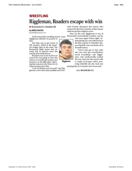 File:Riggleman, Roaders escape with win, FrederickNewsPost, 2025.12.13.pdf