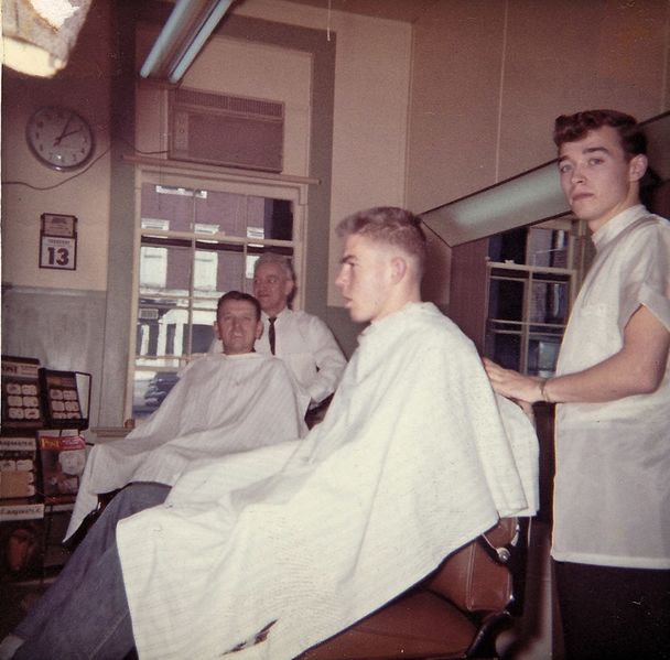 File:YMCA Barbershop early 1960's George Merriman and Larry Buzzard the barbers The customers Peck Porter and Gary Greenfield.jpg