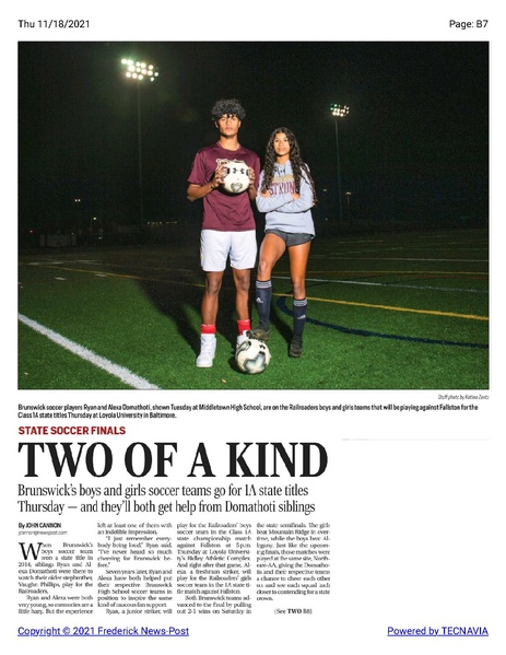 File:Soccer Domathoti siblings help Brunswick boys and girls teams go to state finals, The Frederick News Post, November 18, 2021.pdf