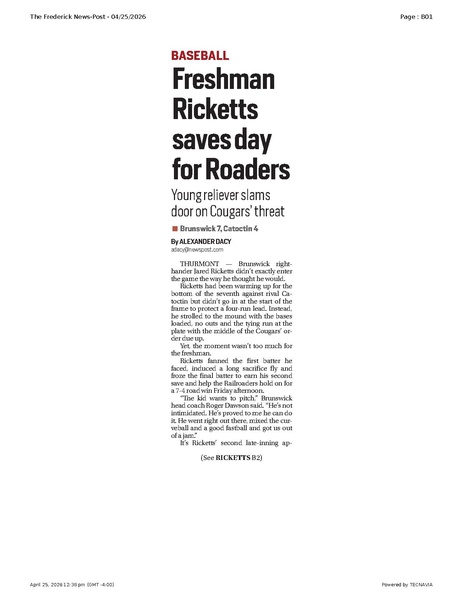 File:Freshman Jared Ricketts saves day for Roaders, FrederickNewsPost, 2026.04.25.pdf