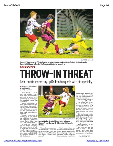 File:Soccer Jackson Acker and Brunswick boys defeat Linganore 3-1, The Frederick News Post, October 19, 2021.pdf