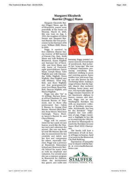 File:Margaret Elizabeth Burrier (Peggy) Mann, FrederickNewsPost, 2026.04.04.pdf