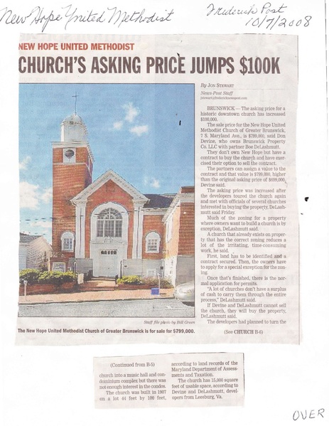 File:New Hope Methodist, price jumps $100K from The Frederick News-Post, October 7, 2008.pdf