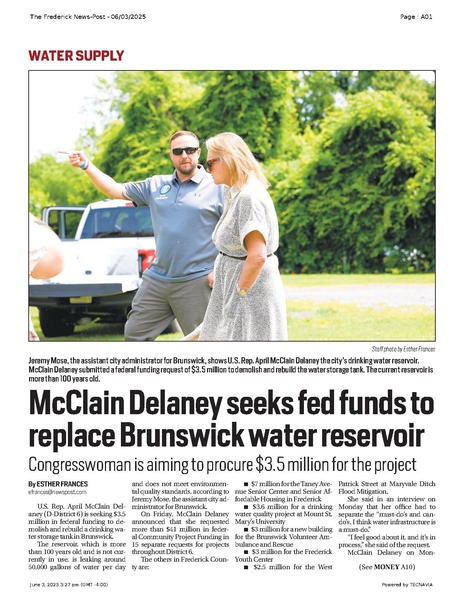 File:McClain Delaney seeks fed funds to replace Brunswick water reservoir, FrederickNewsPost, 2025.06.03.pdf